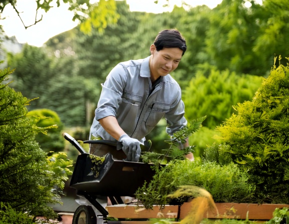 丁寧に作業をする庭師　剪定